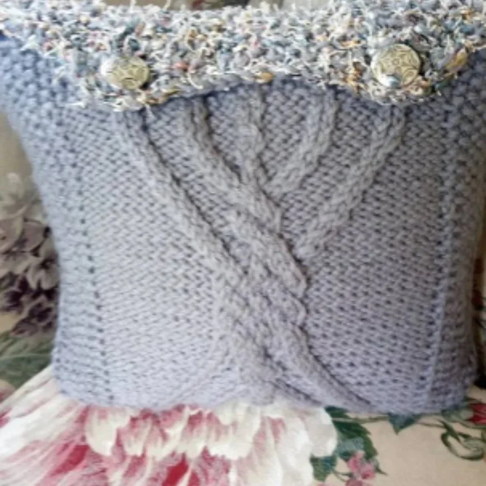 Hand Crafted Knit Throw Pillow Cable Metal Button Gray Cable Home Decor Cab…